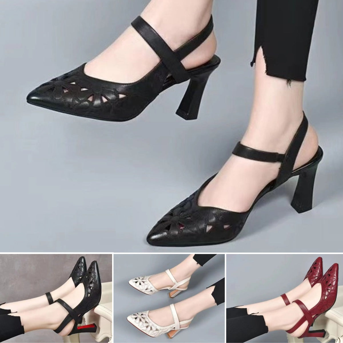 🔥【35-41】2025 nueva moda tacones altos huecos de cuero suave con punta puntiaguda