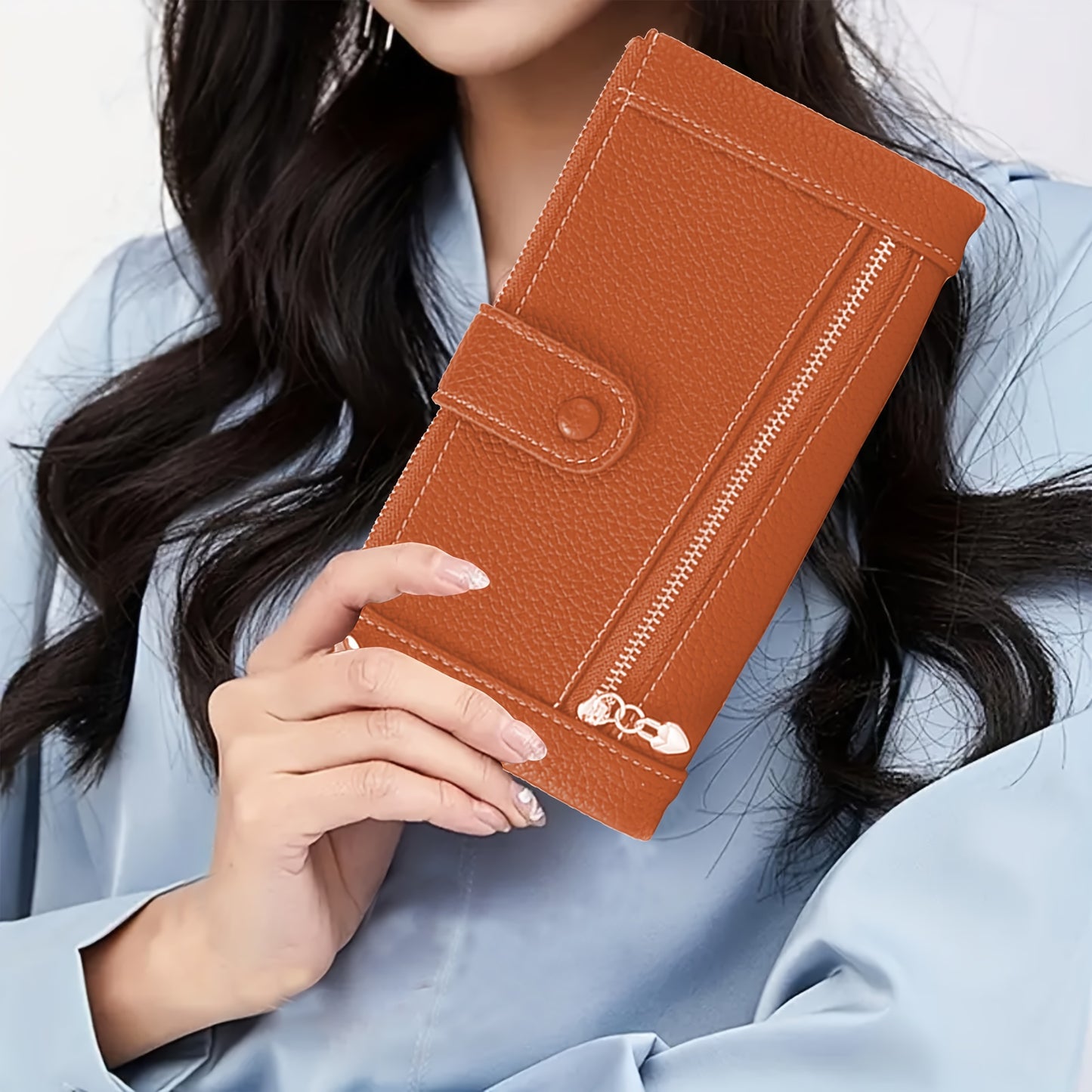 Cartera retro de cuero genuino con doble cremallera y ranura para múltiples tarjetas para mujer