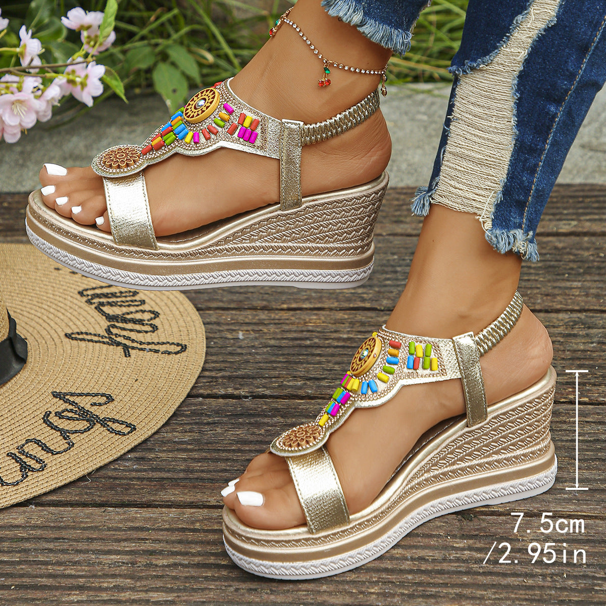 💖【Oferta por tiempo limitado】【35-43】✨Sandalias de piel para mujer con suela gruesa y banda elástica con abalorios, verano 2025 🔥 Envío gratis. ✅ Pago contra reembolso