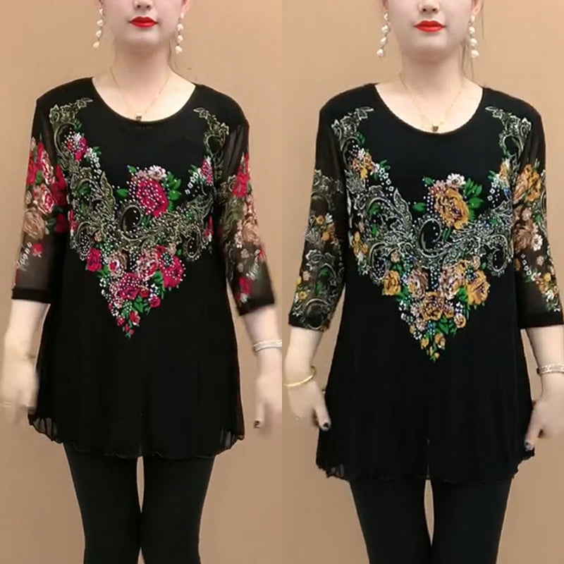 【L-5XL】Camisa de gasa con flores bordadas a la moda 2025 para mujer