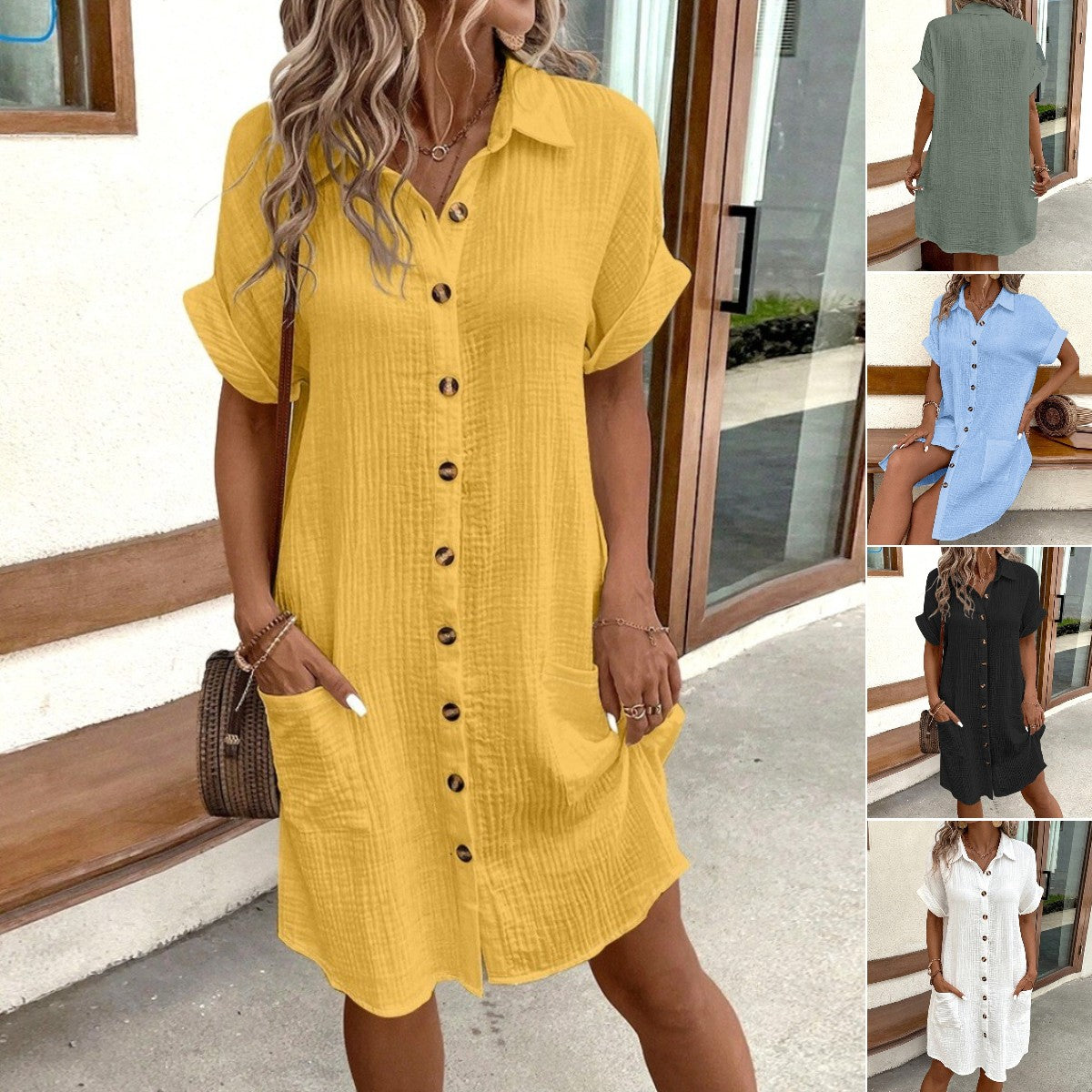 👗😍Rochie cu mânecă scurtă din bumbac și lenjerie de bumbac, lejeră și respirabilă