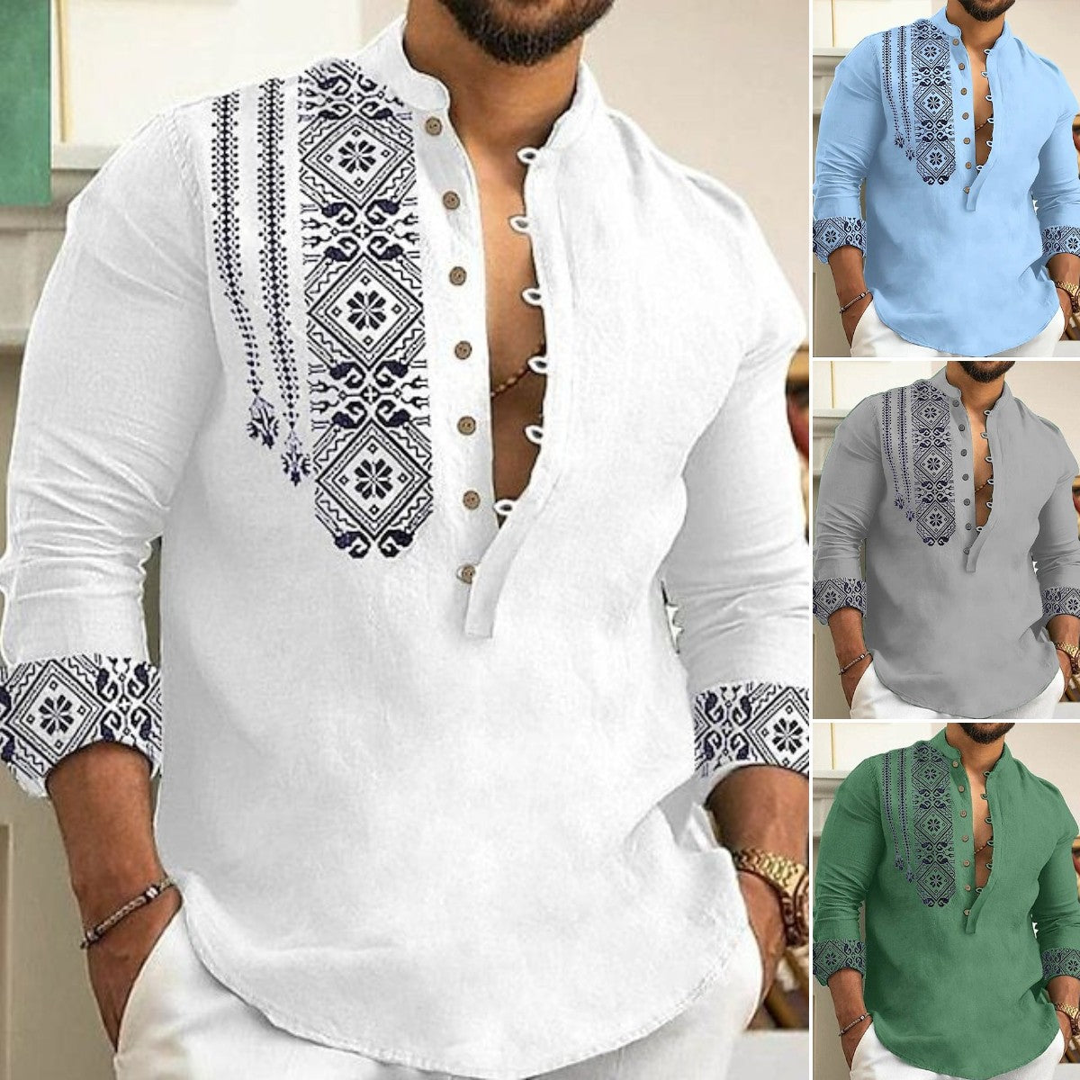 【S-3XL】Camisa de manga larga con cuello alto de verano para hombre