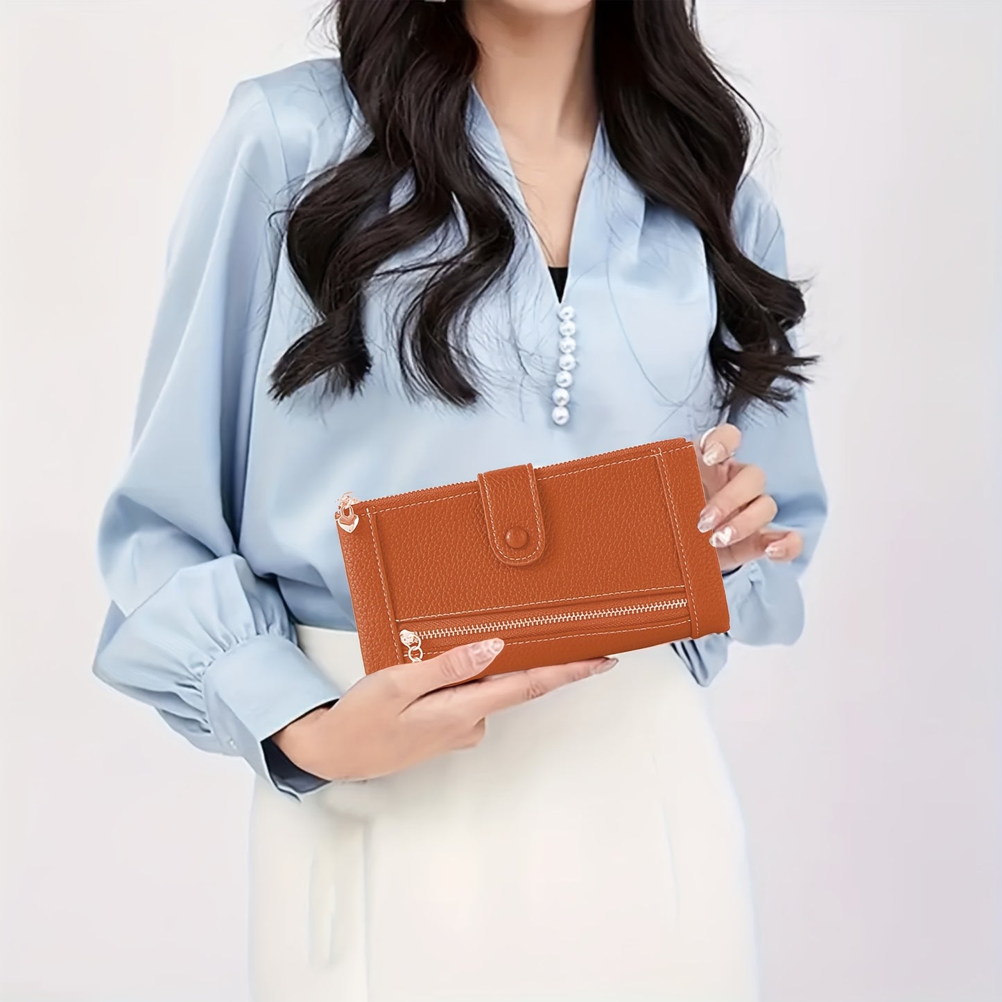 Cartera retro de cuero genuino con doble cremallera y ranura para múltiples tarjetas para mujer