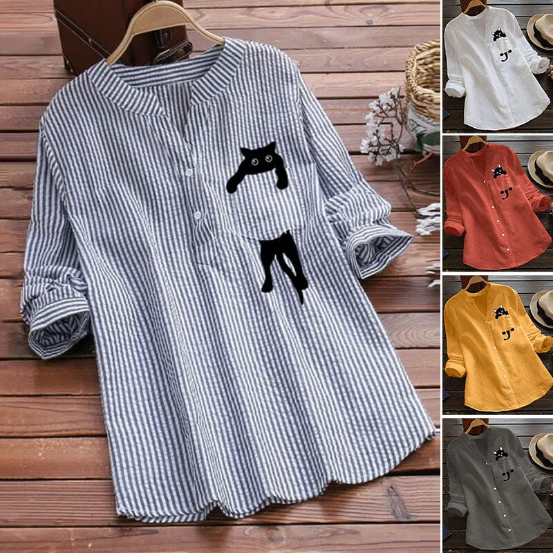 ✨🌿【S-3XL】Camisa de algodón con cuello en V y manga larga con estampado de gato, nueva moda de otoño 2025