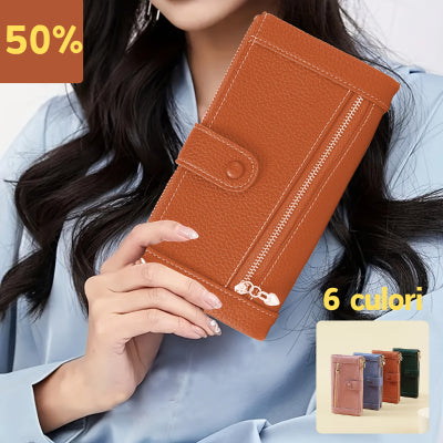 Cartera retro de cuero genuino con doble cremallera y ranura para múltiples tarjetas para mujer