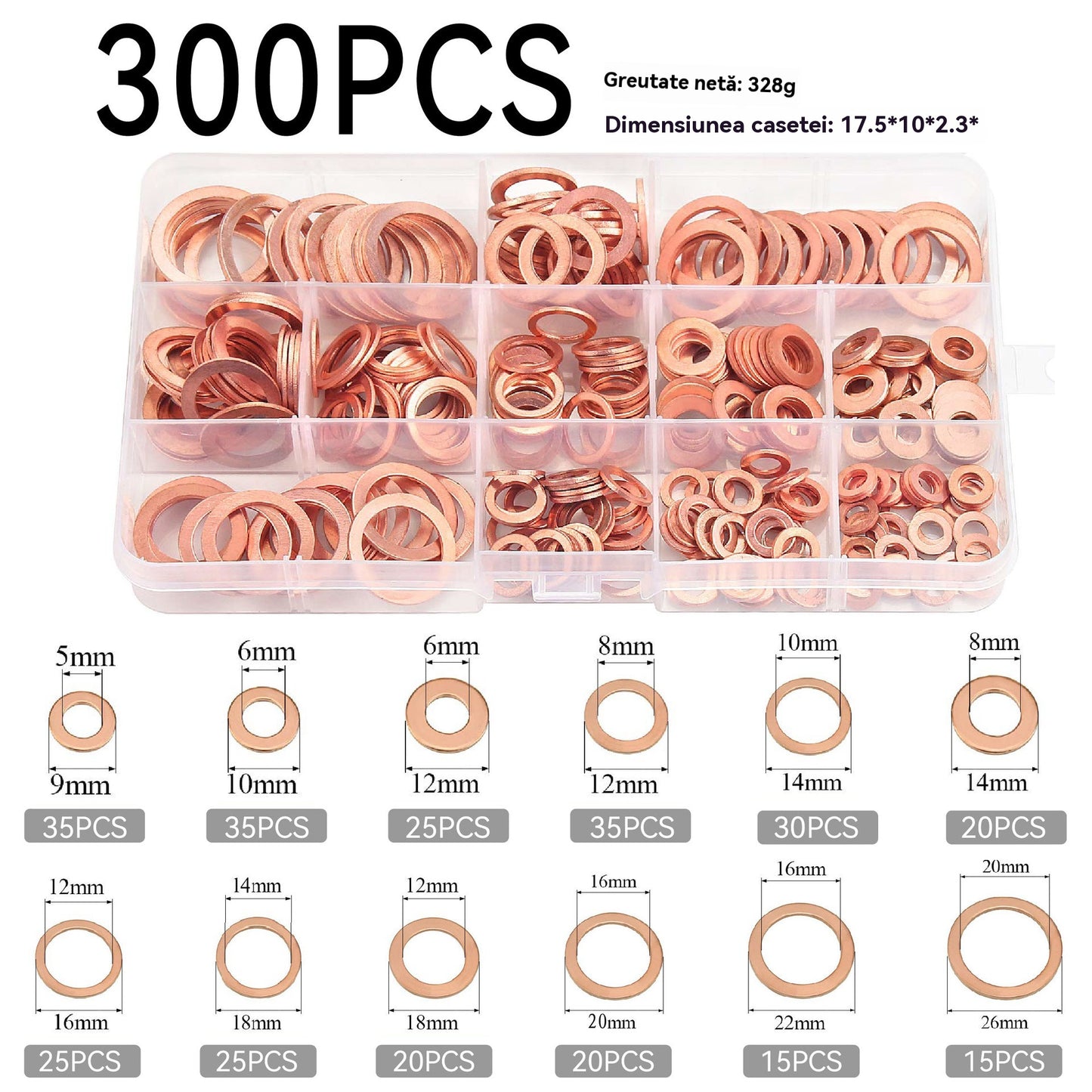 🔥📌【300pcs】Caja de Arandelas / Juntas Tóricas de Cobre Morado con Tapones de Aceite