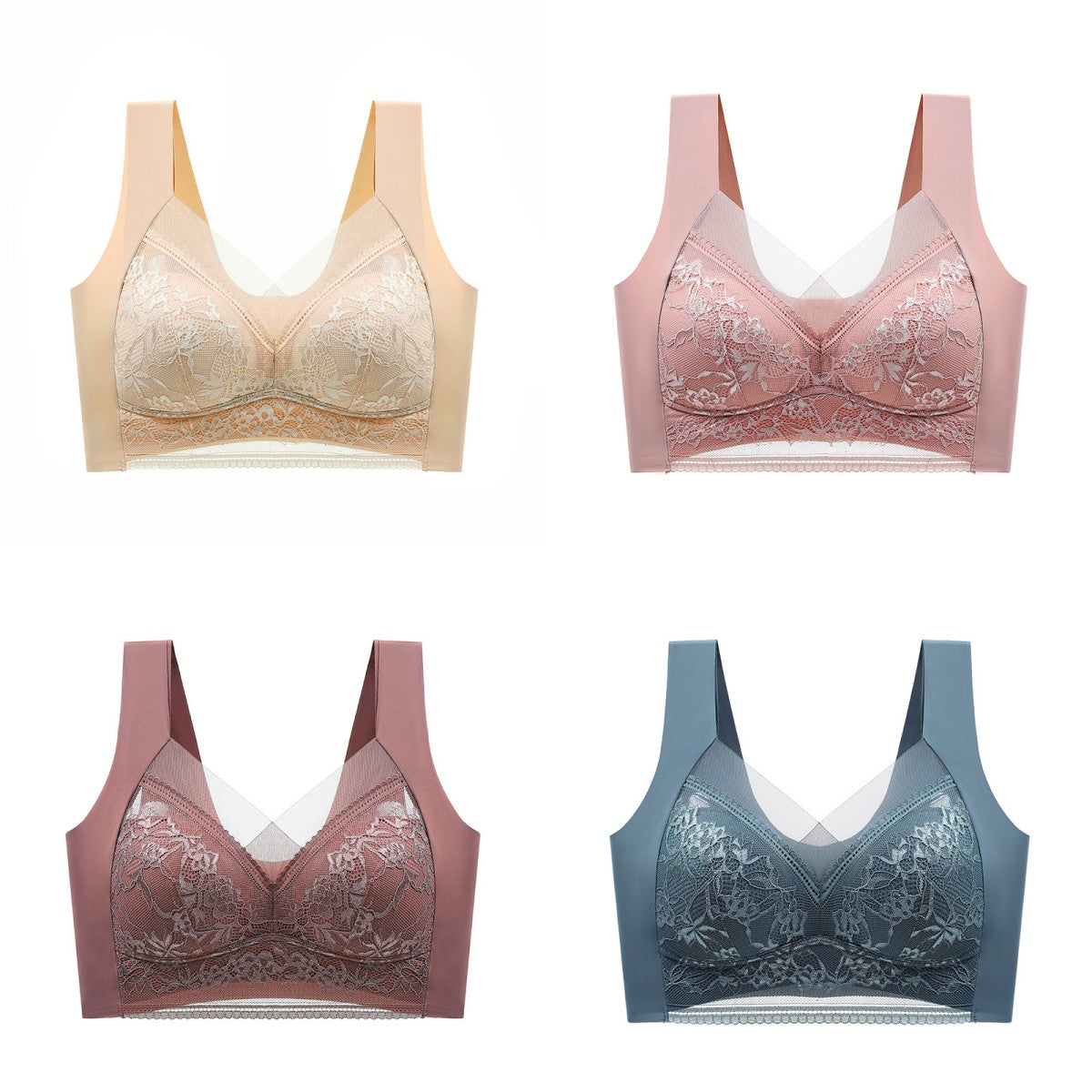 👉【4 piezas】Cómodo sujetador de encaje sin costuras para mujer