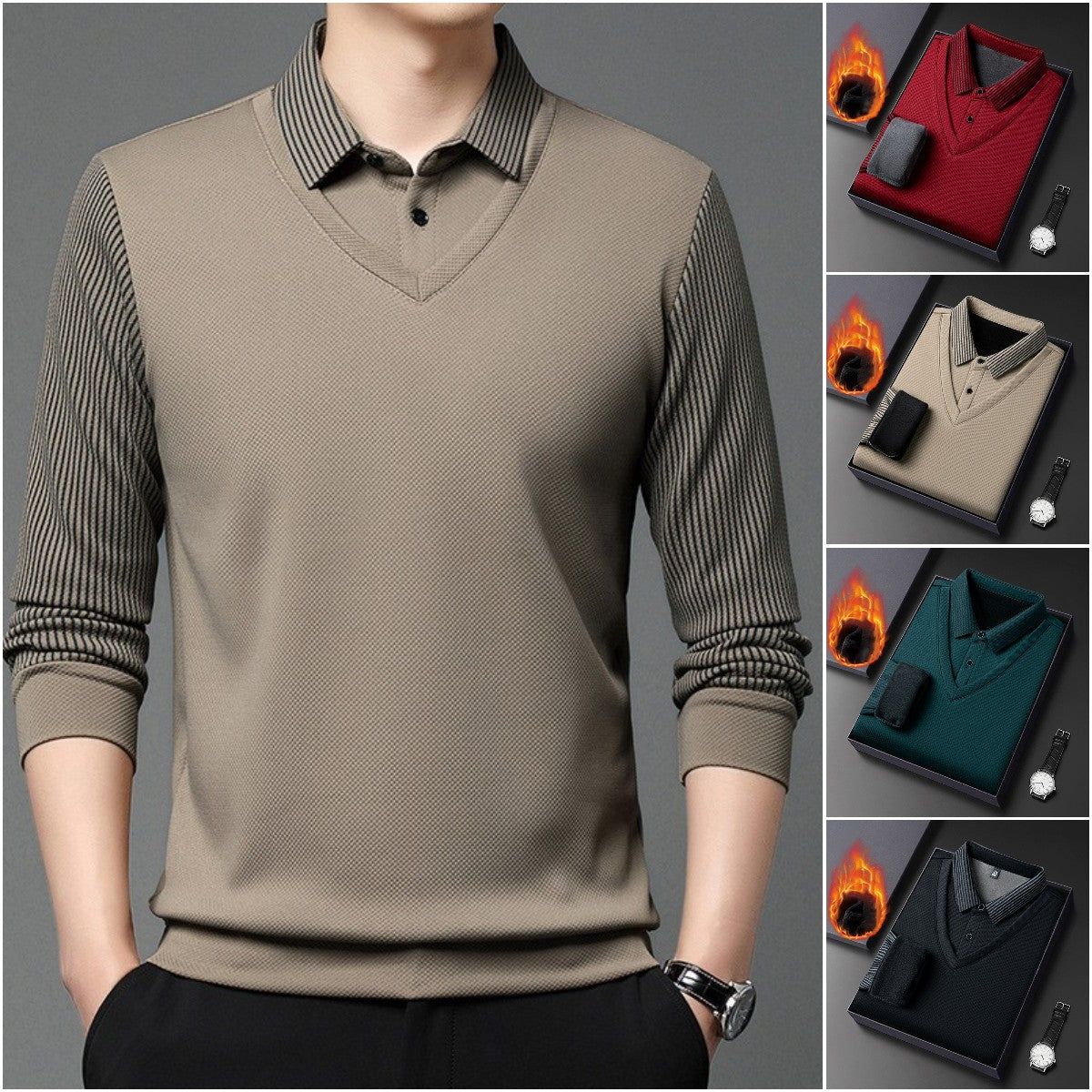 【M-4XL】Camisa POLO de dos piezas con retazos falsos a rayas_3844302