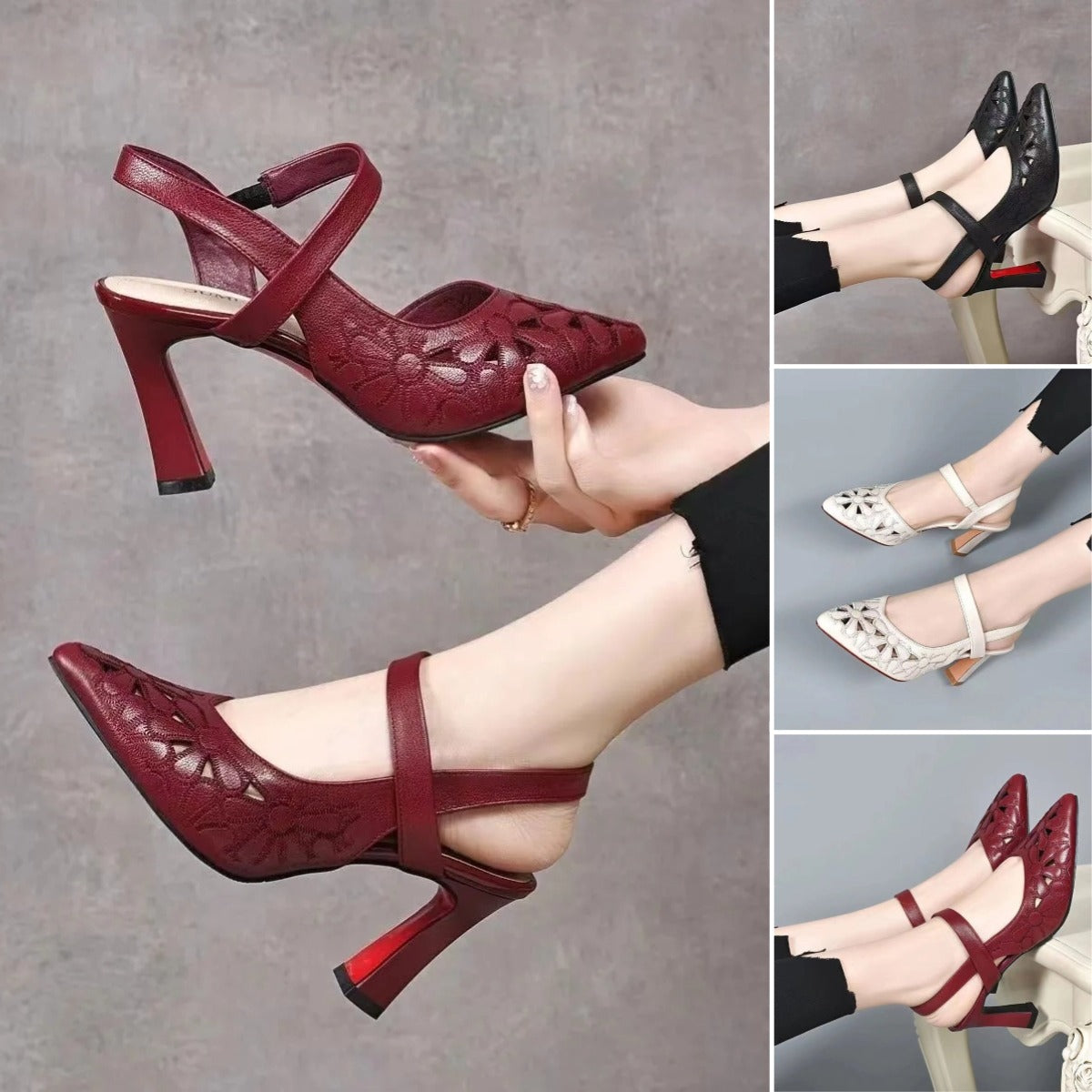 🔥【35-41】2025 nueva moda tacones altos huecos de cuero suave con punta puntiaguda