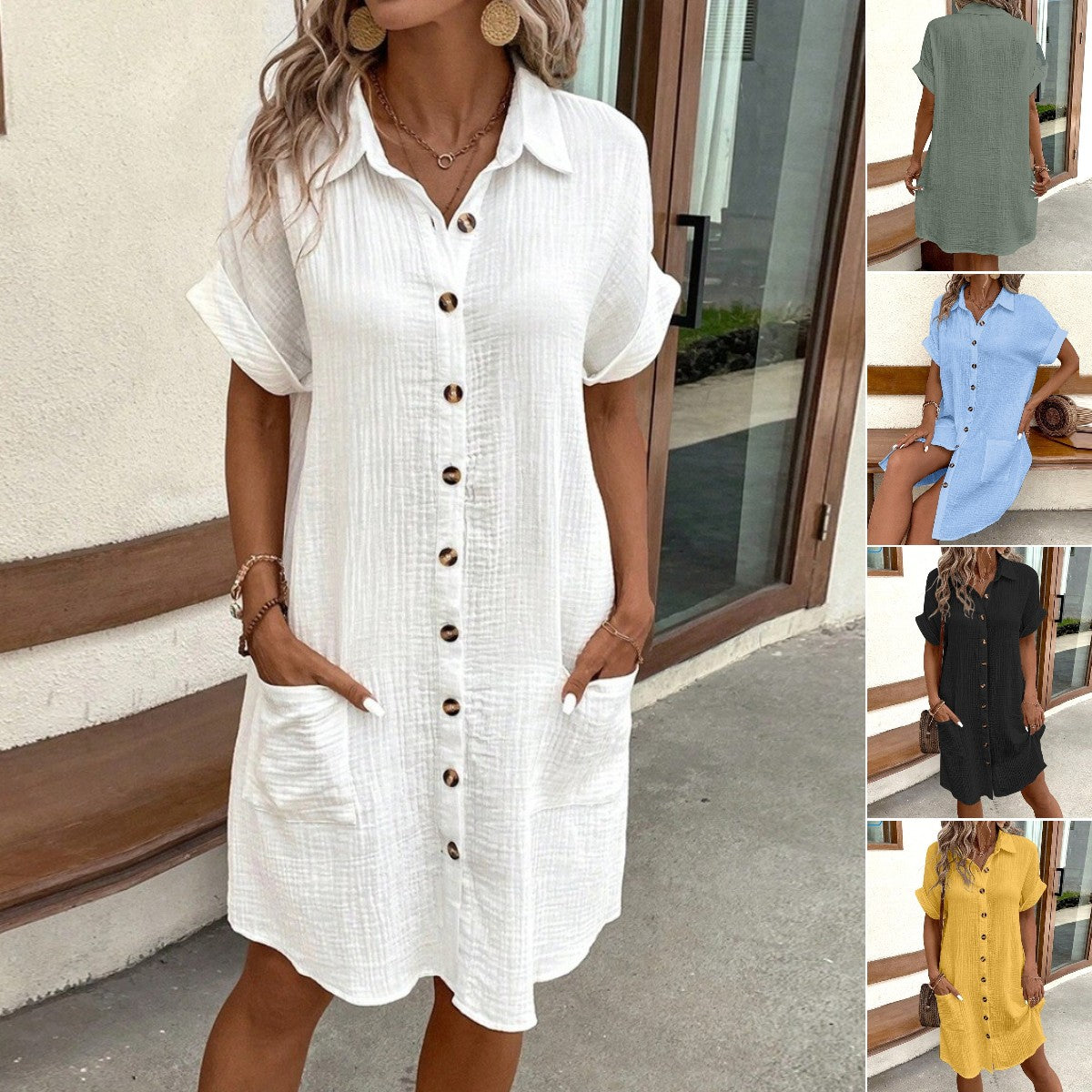 👗😍Rochie cu mânecă scurtă din bumbac și lenjerie de bumbac, lejeră și respirabilă