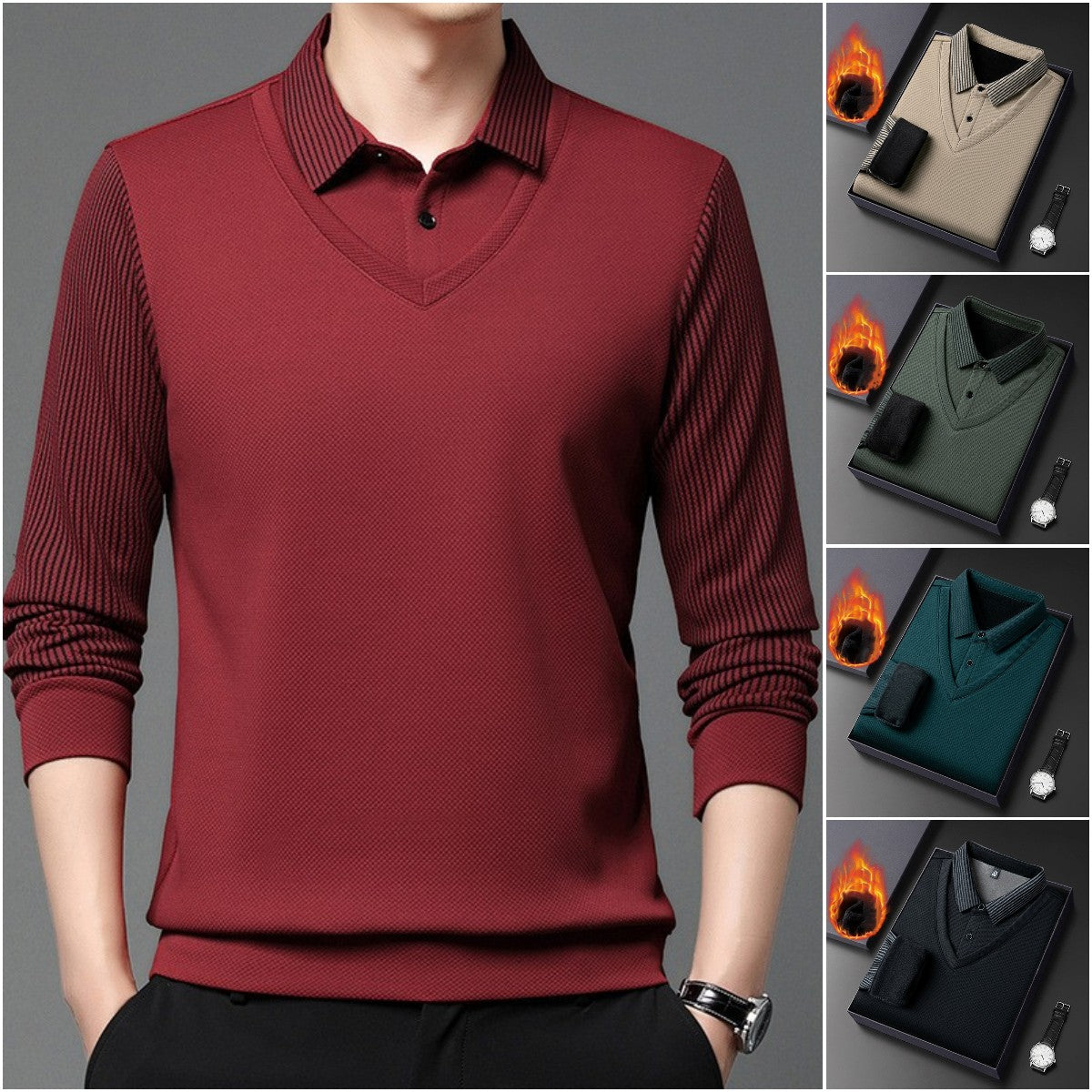 【M-4XL】Camisa POLO de dos piezas con retazos falsos a rayas_3844302