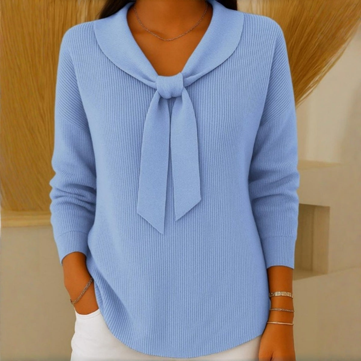 🎀【S-2XL】Dámsky jednofarebný sveter s dlhým rukávom a zaväzovaním v motýľovom vzore, ležérny a voľný strih.