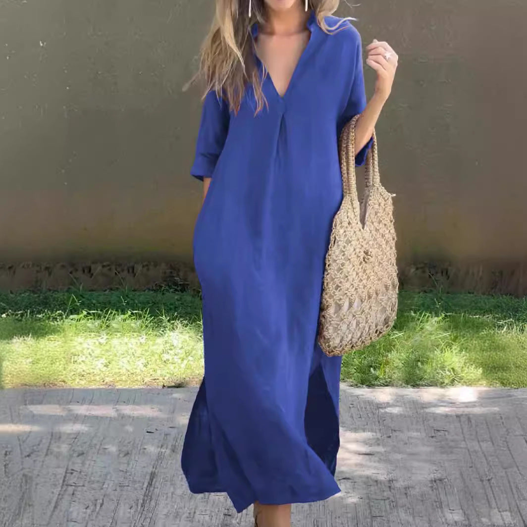 🌿💃【Reducere 50% 🔥】【S–3XL】Rochie nouă pentru femei, mărimi mari, lungă, din bumbac și in, cu decolteu în V și deschizături laterale