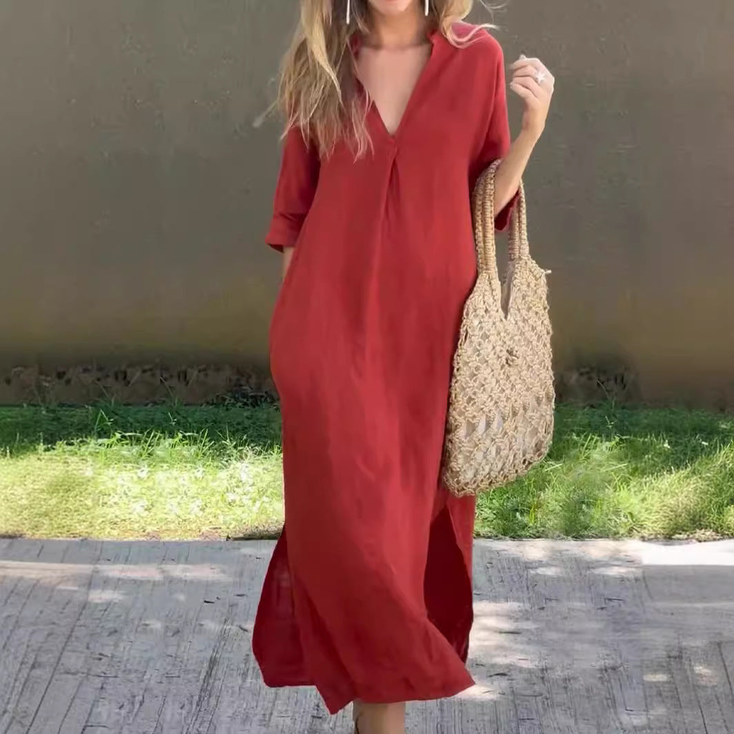 🌿💃【Reducere 50% 🔥】【S–3XL】Rochie nouă pentru femei, mărimi mari, lungă, din bumbac și in, cu decolteu în V și deschizături laterale
