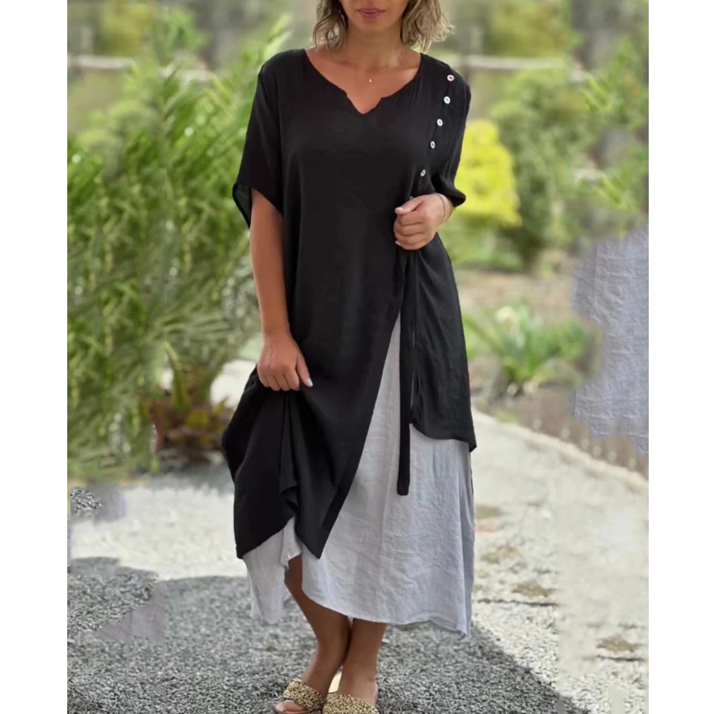 💗【S-4XL】Rochie elegantă cu decolteu în V din bumbac cu două piese neregulate