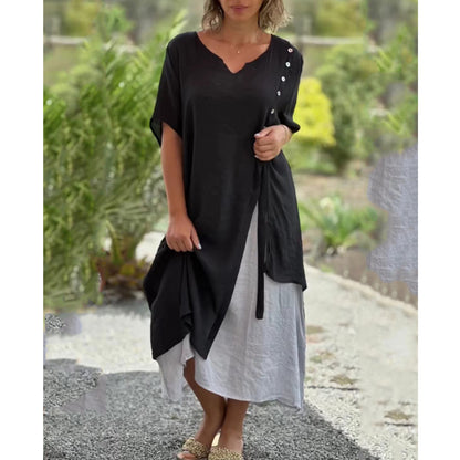 💗【S-4XL】Rochie elegantă cu decolteu în V din bumbac cu două piese neregulate