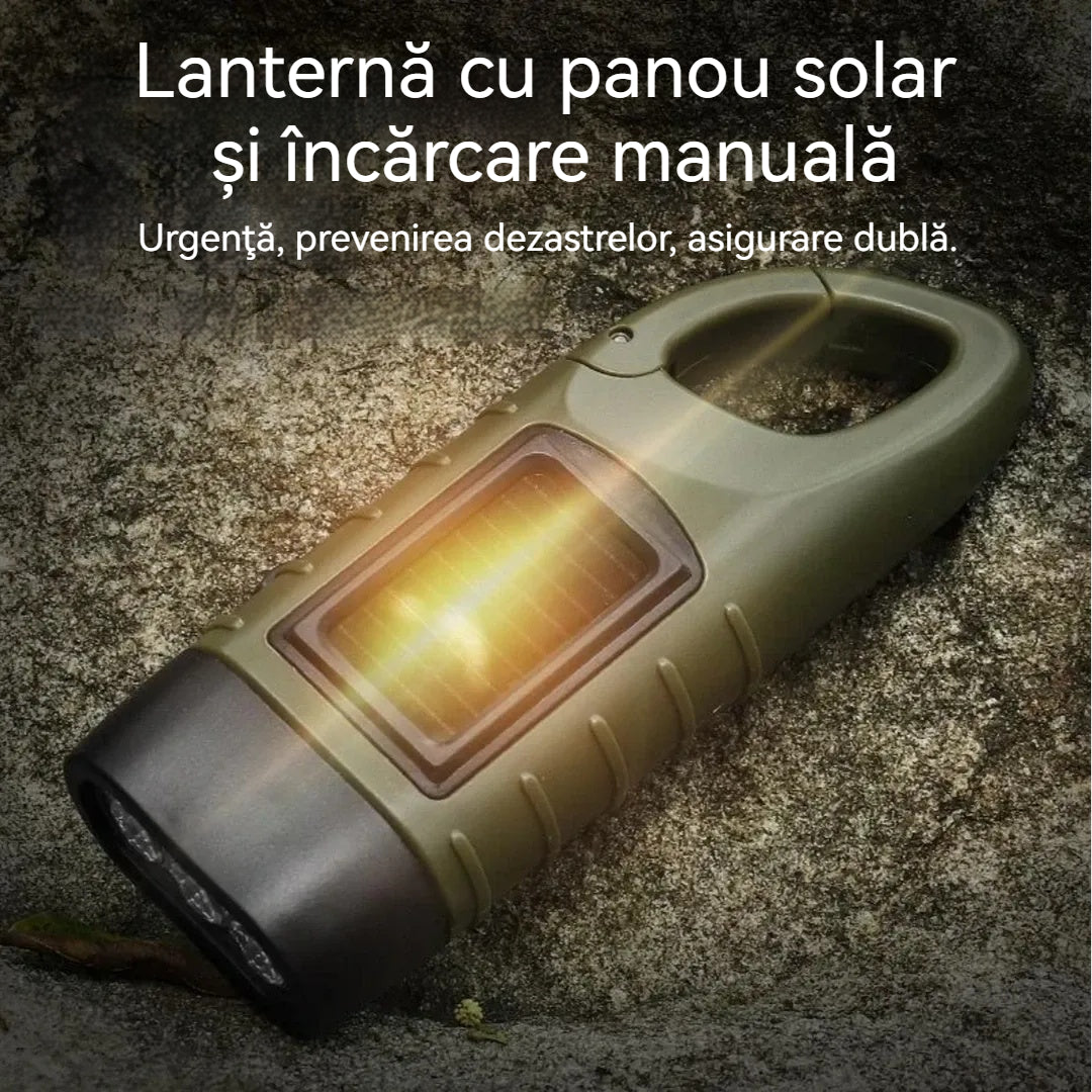 ⚡Lanternă cu panou solar și încărcare manuală – generator portabil ideal pentru urgențe și aventuri!