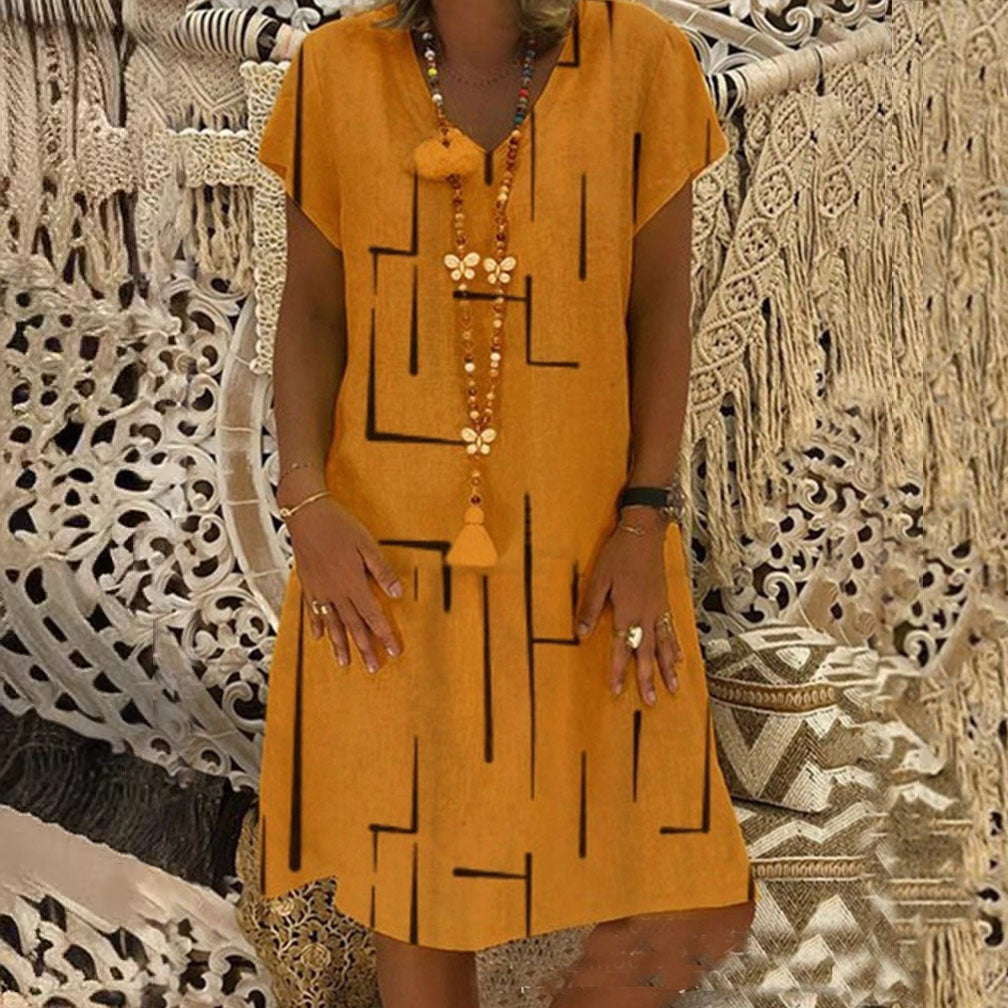 ⏳【50% OFF】👗【S-5XL】Potištěné bavlněné šaty s výstřihem do V