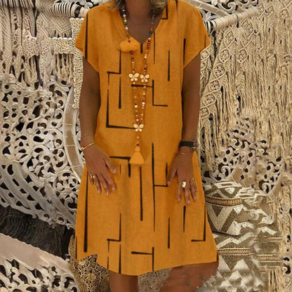 ⏳【50% OFF】👗【S-5XL】Potištěné bavlněné šaty s výstřihem do V