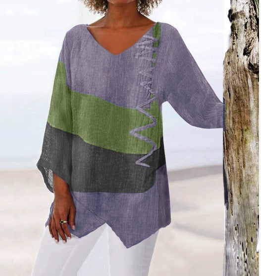 😍【S~5XL】Dámský elegantní ležérní top s výstřihem do V a dlouhým rukávem, uměleckým vzorem a potiskem