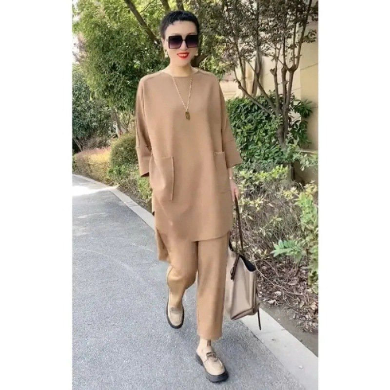 【M-3XL】 2025 noi de primăvară și vară culoare uni topuri casual din două piese + pantaloni