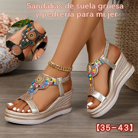 💖【Oferta por tiempo limitado】【35-43】✨Sandalias de piel para mujer con suela gruesa y banda elástica con abalorios, verano 2025 🔥 Envío gratis. ✅ Pago contra reembolso