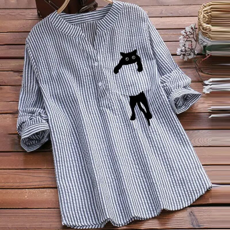 ✨🌿【S-3XL】Camisa de algodón con cuello en V y manga larga con estampado de gato, nueva moda de otoño 2025