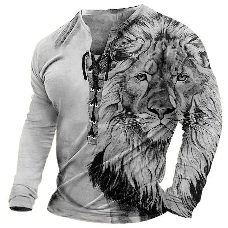 🔥Oferta de tiempo limitado【S-4XL】Camiseta casual de manga larga con estampado de león 3D para hombre