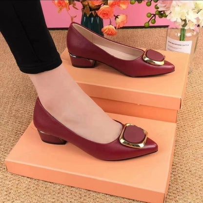 🔥【35-41】Botas de tacón grueso de piel auténtica para mujer, zapatos de trabajo con punta puntiaguda y suela blanda, hebilla cuadrada y boca pequeña, 2025