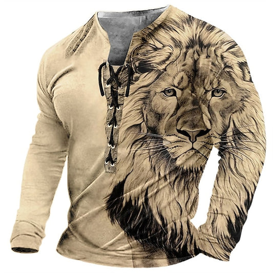 🔥Oferta de tiempo limitado【S-4XL】Camiseta casual de manga larga con estampado de león 3D para hombre