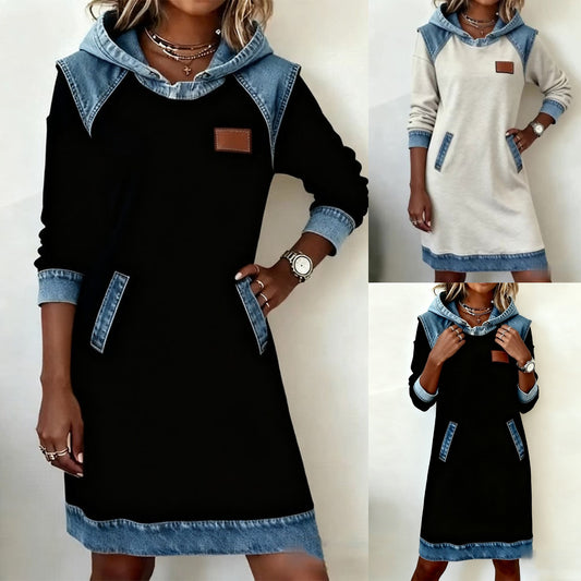 🔥🌷🌞Nové módne džínsové patchworkové šaty s kapucňou z roku 2025