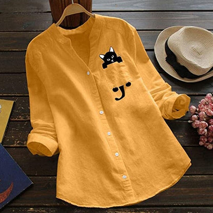 ✨🌿【S-3XL】Camisa de algodón con cuello en V y manga larga con estampado de gato, nueva moda de otoño 2025