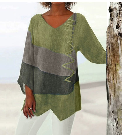 😍【S~5XL】Dámský elegantní ležérní top s výstřihem do V a dlouhým rukávem, uměleckým vzorem a potiskem