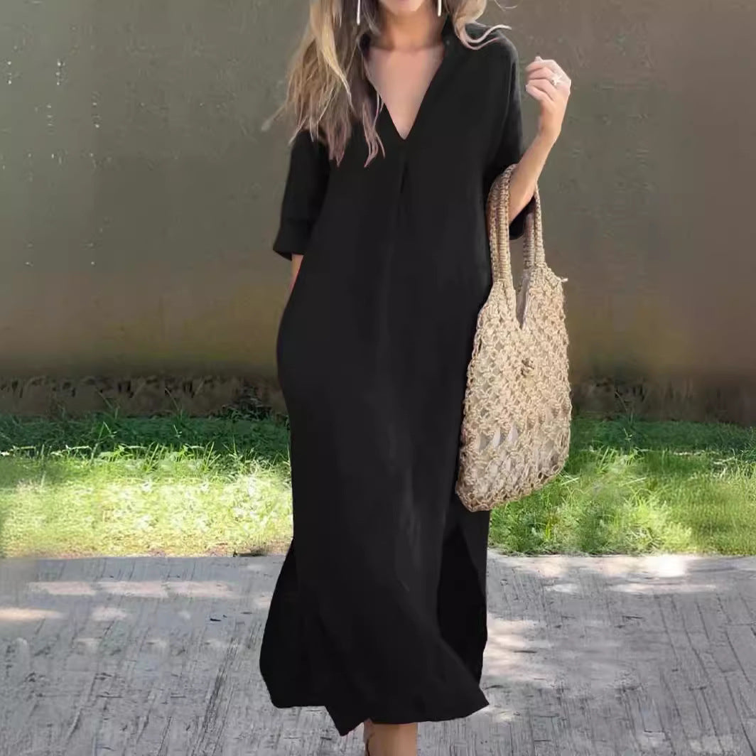 🌿💃【Reducere 50% 🔥】【S–3XL】Rochie nouă pentru femei, mărimi mari, lungă, din bumbac și in, cu decolteu în V și deschizături laterale