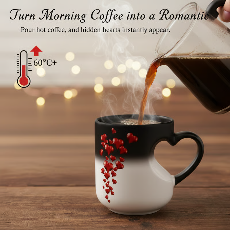☕⏳ 50% sleva!!! ⏰ Keramický hrnek ve tvaru srdce měnící barvu podle teploty ✨