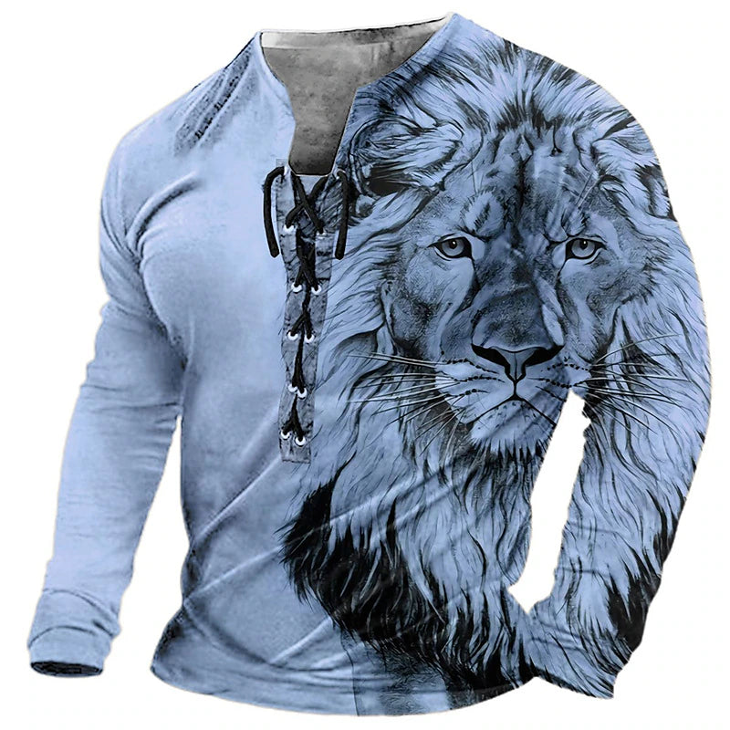 🔥Oferta de tiempo limitado【S-4XL】Camiseta casual de manga larga con estampado de león 3D para hombre