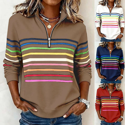 👚【S-5XL】Νέο γυναικείο τοπ φθινόπωρο-χειμώνας με πολύχρωμες ρίγες, σχέδιο με μισό φερμουάρ και όρθιο γιακά