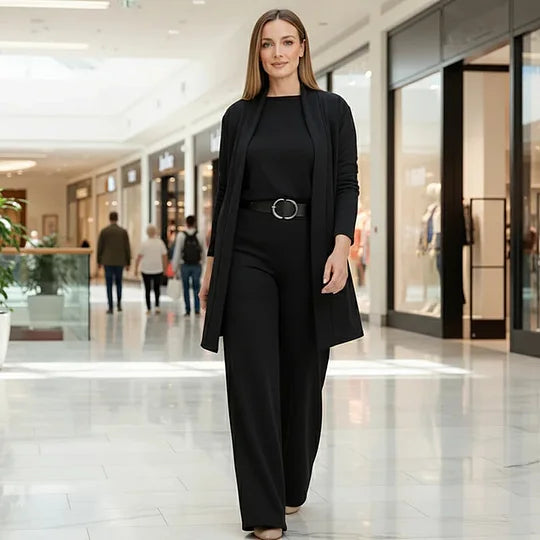 ✨ Elegantní třídílná sada s dlouhým kardiganem (zahrnuje blůzu a kalhoty)