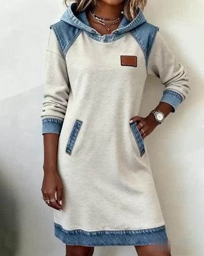 🔥🌷🌞Nové módne džínsové patchworkové šaty s kapucňou z roku 2025