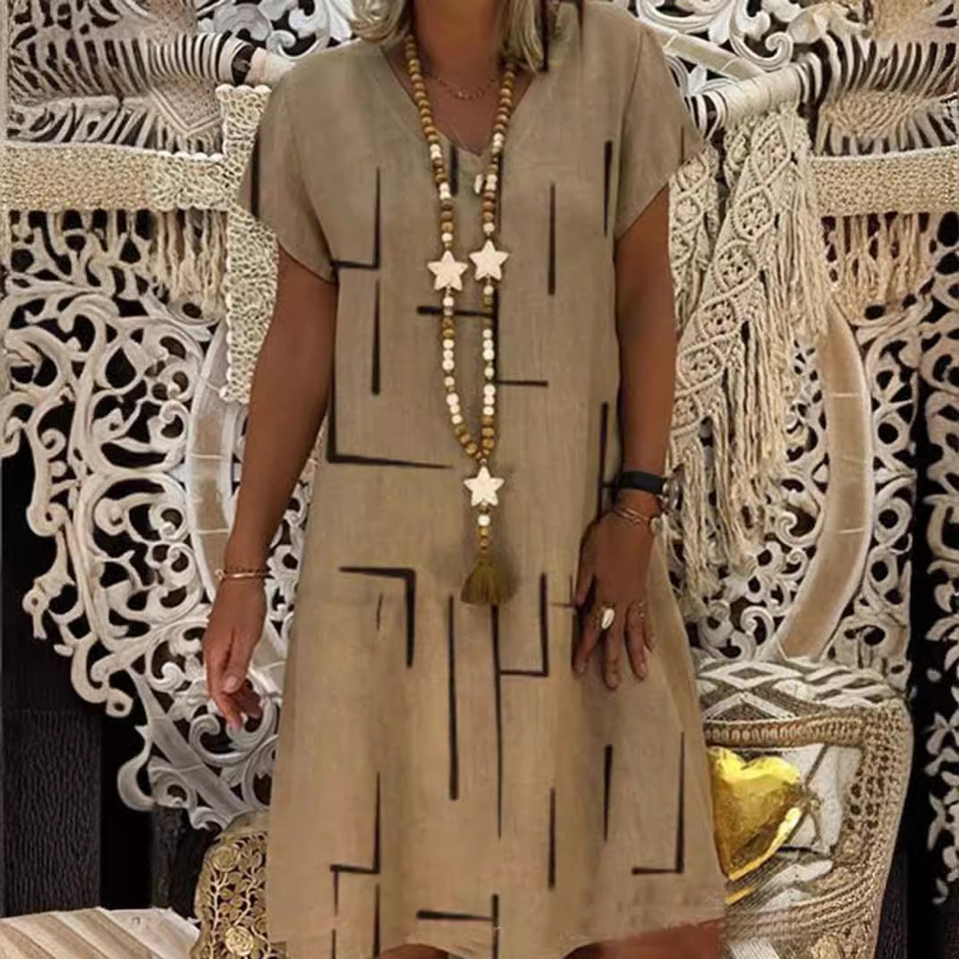 ⏳【50% OFF】👗【S-5XL】Potištěné bavlněné šaty s výstřihem do V