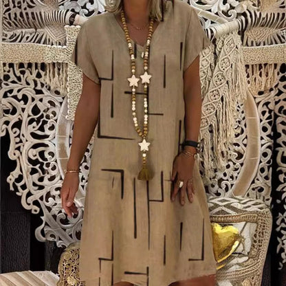 ⏳【50% OFF】👗【S-5XL】Potištěné bavlněné šaty s výstřihem do V