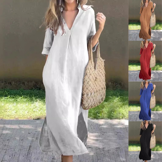 🌿💃【Reducere 50% 🔥】【S–3XL】Rochie nouă pentru femei, mărimi mari, lungă, din bumbac și in, cu decolteu în V și deschizături laterale
