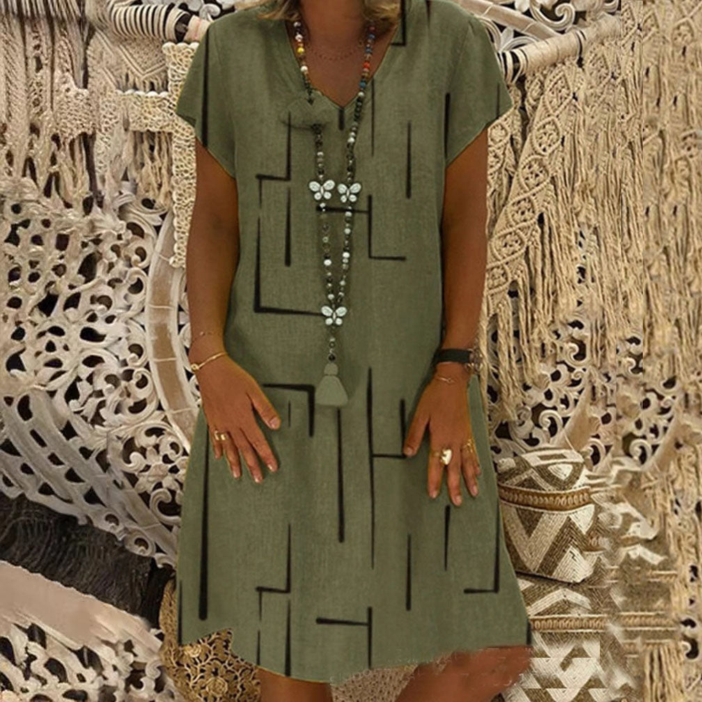 ⏳【50% OFF】👗【S-5XL】Potištěné bavlněné šaty s výstřihem do V
