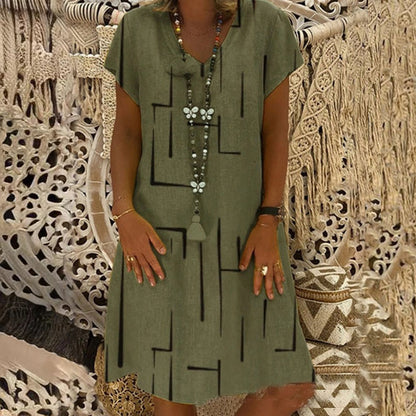 ⏳【50% OFF】👗【S-5XL】Potištěné bavlněné šaty s výstřihem do V