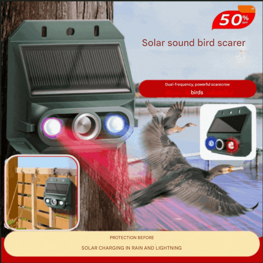 🔥【Pri kúpe 1 získate 1 zadarmo】🔥🐦️Solárne napájaný ultrazvukový odpudzovač vtákov do exteriéru s blikajúcim infračerveným svetlom a červenou a modrou LED diódou