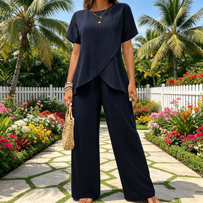 【S-3XL】Conjunto casual de dos piezas para mujer, manga corta, cuello redondo, cómodo, bajo irregular. [Top + Pantalones]