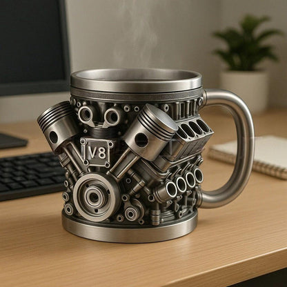 ☕V6/V8 nerezový hrnek ve tvaru motoru – kreativní kávový hrnek