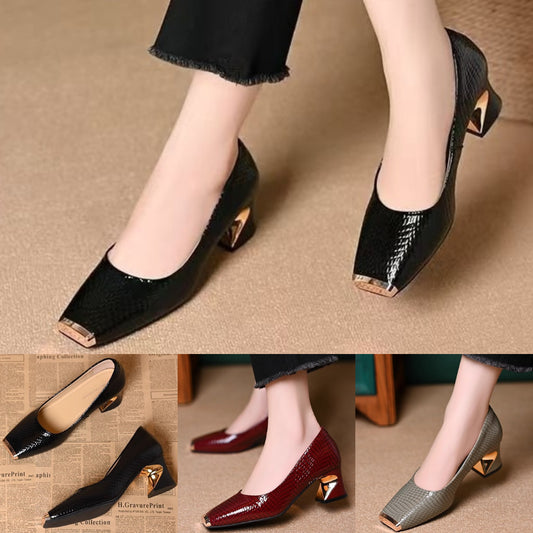 【35-42】Pantofi francezi noi cu toc gros și textură, cu deschidere superficială