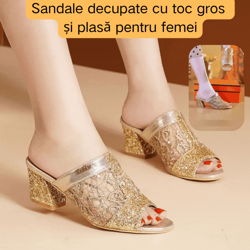 【35-40】Sandale decupate cu toc gros și plasă pentru femei