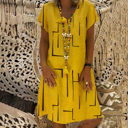 👗【S-5XL】Vestido de algodón estampado con cuello en V